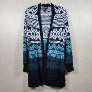 10132 Lane Bryant  blues & black Tribal print long line fuzzy cardigan 14/16